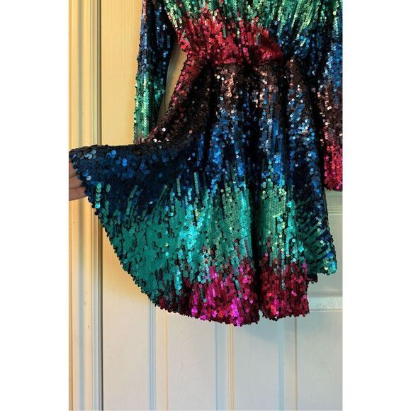 Collective The Label Ombre Sequin Long Sleeve Fuchsia & Teal Mini Dress Women's - Picture 5 of 12